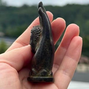 May include: A small, dark bronze-colored Buddha statue, featuring a detailed head and raised hand. The statue has a textured surface and is mounted on a small, rectangular base. The sculpture is held in a hand.