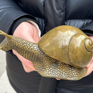 May include: A bronze snail sculpture with a detailed textured body and shell. The snail's body is covered in small, rounded bumps, and the shell has a smooth, swirling pattern. The sculpture is held in a person's hands.