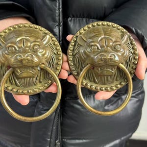 May include: Two antique brass door knockers. Each knocker features a detailed lion's head with a ring handle. The knockers are round with a decorative border of small circles. The brass has a warm, aged patina.