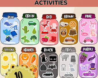 Actividades con frascos para clasificar colores/Imprimible de combinación de colores para preescolar/Habilidades motoras finas para niños pequeños/Juego educativo de clasificación de colores/Actividad de educación en el hogar