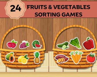 24 actividades de clasificación de frutas y verduras para niños pequeños, actividad de clasificación imprimible para niños pequeños, hojas de trabajo preescolares.