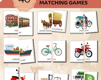40 Transportation Matching Games, Preschool Learning, Find the pair of the transportation