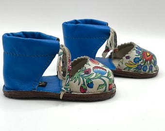 Handmade Blue/floral Leather Baby Closed Sandals/  First Walker  (EU18/11.2cm)