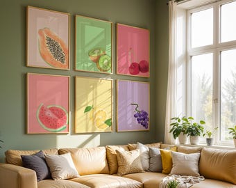 Obst Printable Poster Bundle | Mediterrane Früchte Wand Kunst | Küche Dekor Set Digitaler Download | Tropische Früchte | 6 Poster