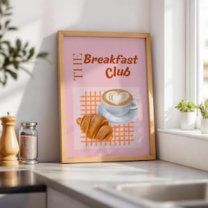 The Breakfast Club Pink Printable Poster | Coffee and Croissant Wall Art | Colorful Kitchen Decor | Digital Download | Brunch Lover Gift