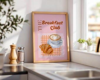 Poster stampabile rosa The Breakfast Club / Arte murale con caffè e croissant / Decorazioni colorate per la cucina / Download digitale / Regalo per gli amanti del brunch