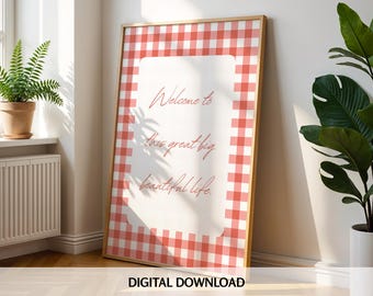Emily Henry Quote Print: Coral Gingham Cottagecore Decor (Digital Download)