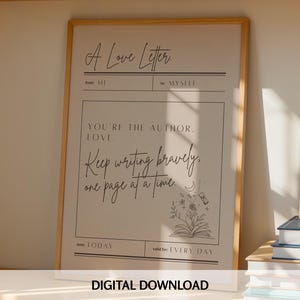 Sigue escribiendo con valentía / Póster digital de amor propio / Arte mural imprimible con afirmaciones / Cita motivacional / Carta de amor para ti mismo