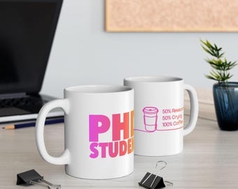 UBUpeeps PHD Student Gift | Research. Crying. Coffee. | Ceramic Mug - 11oz & 15oz in Pink to Orange