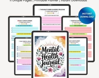 メンタルヘルスジャーナルバンドル印刷可能、デジタルメンタルヘルスプランナー、ウェルネスワークブック、セラピーワークシート、不安管理、セルフケアトラッカー