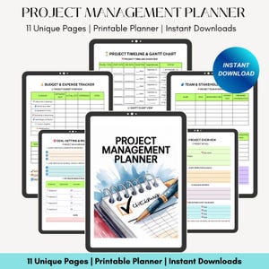 May include: A digital planner with 11 pages for project management. The planner includes sections for budgeting, goal setting, team and stakeholder management, project timeline, and project overview. The planner is designed to help users manage their projects effectively.