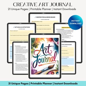 May include: A digital planner for artists with 21 printable pages. The cover features a colorful watercolor illustration of a paintbrush and the words "Art Journal". The planner includes pages for inspiration, mood boards, art goals, and intentions.