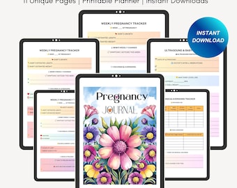 May include: Printable pregnancy journal with 11 unique pages. The cover features a watercolor illustration of pink, purple, and yellow flowers. The text "Pregnancy Journal" is written in a bold, black font.