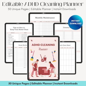 ADHD cleaning planner bundle pdf editable canva,Home cleaning schedule,Weekly,Monthly,Yearly Cleaning Checklist,Declutter,Family Chore Chart