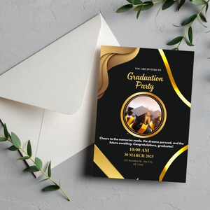 Invito per la festa di laurea in nero e oro, modello di invito digitale per la festa di laurea, annuncio di laurea stampabile, invito per la festa di laurea