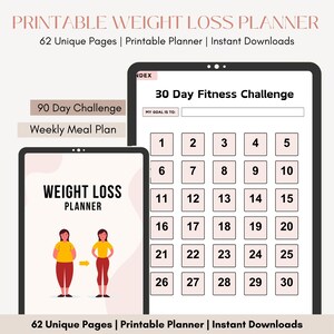 May include: Printable weight loss planner with 62 unique pages. The planner includes a 90-day challenge, a weekly meal plan, and a 30-day fitness challenge. The planner features a pink and white color scheme with a cartoon illustration of a person losing weight.