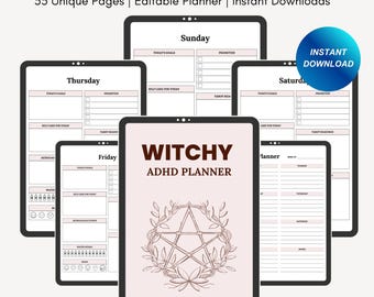 May include: A digital planner designed for people with ADHD. The planner features a witchy theme with a pentagram surrounded by leaves. The planner is available for instant download and includes 55 unique pages.