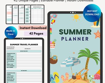 May include: A digital planner with a summer theme. The cover features a beach scene with an umbrella, lounge chair, palm tree, and flip flops. The text "SUMMER PLANNER" is in green and white. The planner includes 42 unique pages and is available for instant download.