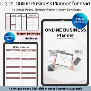 May include: A digital planner for online business, with a pink and white color scheme. The planner is shown on a tablet screen and includes pages for tracking affiliate programs, subscriptions, and other business tasks. The text "ONLINE BUSINESS Planner" is displayed on the screen. The image also includes the text "46 Unique Pages | Editable Planner | Instant Downloads".