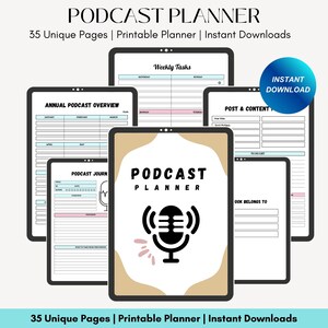 May include: A digital planner for podcasters with 35 unique pages. The planner includes sections for annual podcast overview, weekly tasks, post and content planning, and a to-do list. The cover features a microphone icon and the text "Podcast Planner".