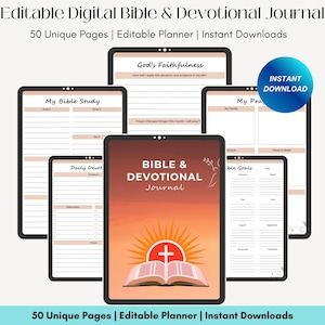 May include: A digital Bible and devotional journal with 50 unique pages. The cover features a red open book with a cross on top, set against a sunset background. The text "BIBLE & DEVOTIONAL Journal" is displayed in white.