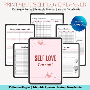 Cuaderno de ejercicios de amor propio, diario de autocuidado, planificador de crecimiento personal, salud mental, mindfulness, autoayuda, bullet journal, reflexión diaria sobre el bienestar.