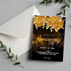 Faire-part d'anniversaire noir et or, modèle d'anniversaire de mariage, invitation à une fête d'anniversaire, invitation élégante modifiable sur toile