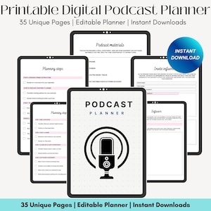 May include: A digital planner for podcasters with 35 unique pages. The planner is designed to help podcasters plan their podcast, including planning steps, podcast materials, inviting influencers, and software. The planner is available for instant download. The cover of the planner features a microphone icon.