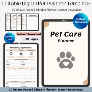 Pet Care Planner, Pet Health Record, Pet Medical Planner, Pet Checklists, Pet Worksheets, Vaccination Record, Pet Sitter Notes, Pet Binder