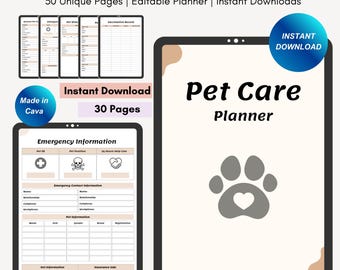 Pet Care Planner, Pet Health Record, Pet Medical Planner, Pet Checklists, Pet Worksheets, Vaccination Record, Pet Sitter Notes, Pet Binder