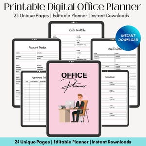 Puede incluir: Un planificador de oficina digital con 25 páginas únicas. El planificador incluye secciones para llamadas a realizar, correo a enviar, una lista de contactos, un rastreador de contraseñas y programación de citas. La portada presenta una ilustración de dibujos animados de una persona trabajando en un escritorio con una computadora.