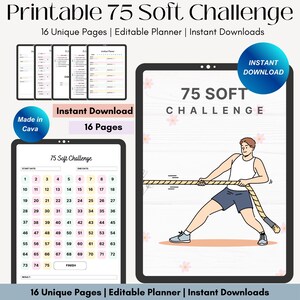 Può includere: Pianificatore stampabile 75 Soft Challenge con un design floreale rosa e bianco. Il pianificatore include un calendario con 75 caselle e un uomo che tira una corda. Il testo "Download immediato" e "16 pagine" è incluso nell'immagine.