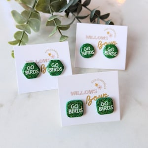 GO BIRDS STUDS/ eagles inspired studs/ football studs/ green glitter studs/ eagles football studs/ clay studs/ polymerclay studs