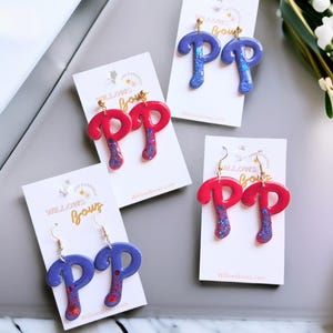 PHILLIES INSPIRED EARRINGS/ clay baseball earrings/ polymer clay earrings/ baseball earrings/ Phillies P earrings, nickel free earrings