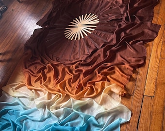 Land + Sea Seide Schleier Fächer • Mokka & Blau Handgefärbte Habotai Seide • Auf Bestellung • Bambus Dauben • Festival Flow Performance Tanz Seiden
