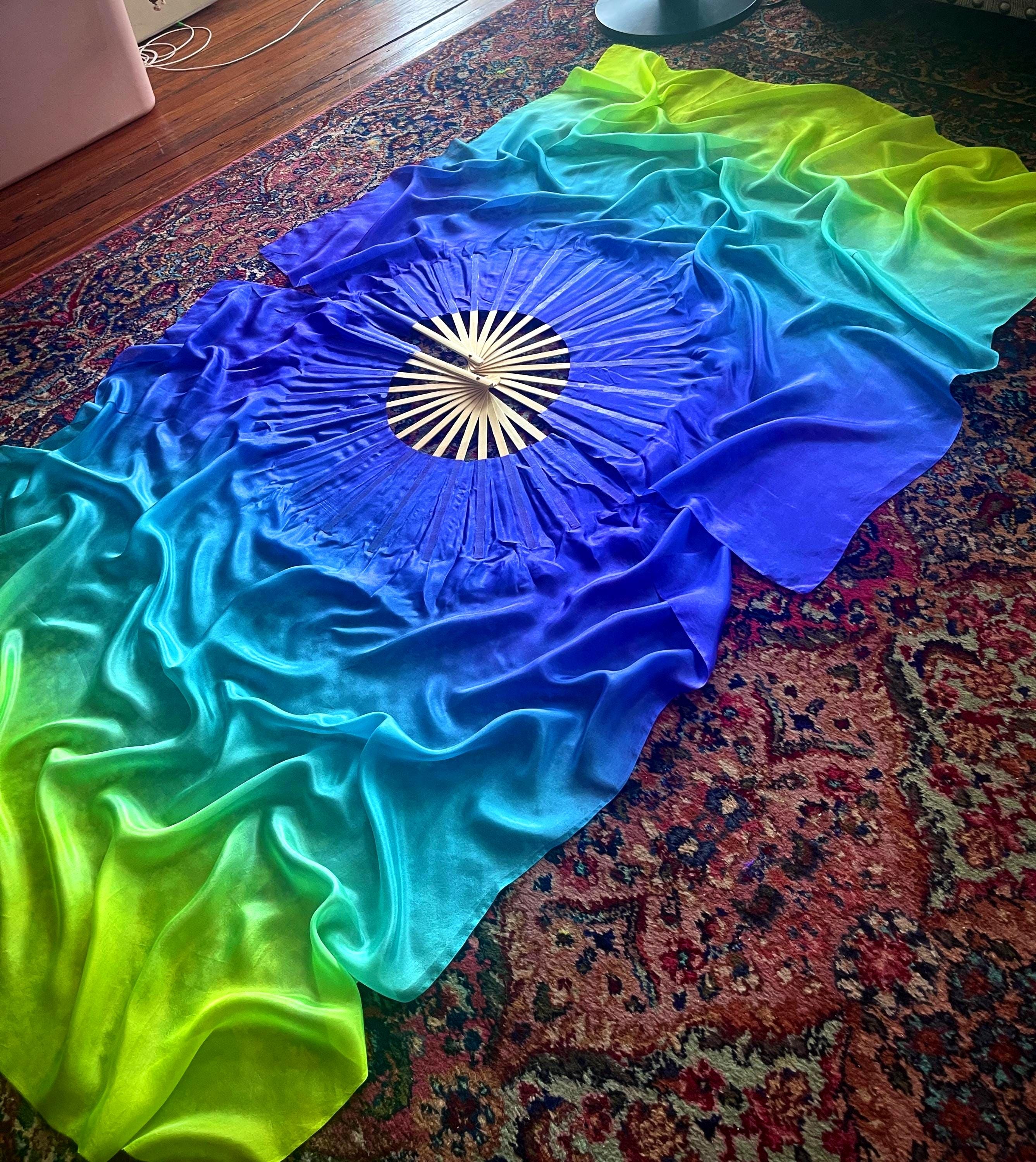 UV Electric Nymph Silk Flow Fans * Blacklight Reactive * Indigo + Neon Green Hand Dyed Flow Silk * Natural Bamboo Staves * Made To Order