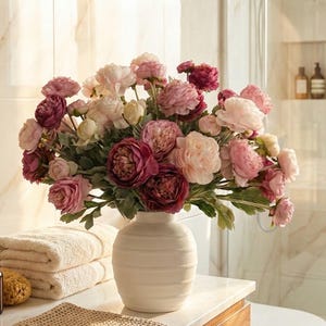 Artificial Raspberry and Light Pink Roses Real Touch Faux Flower Arrangement Vase