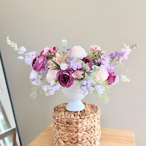Faux Floral Arrangement in Purple and Cream, Artificial  Flower Centerpiece, Elegant Year-Round Table Decoration