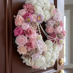 Peut inclure: Une couronne florale ornée de fleurs roses, blanches et mauves, agrémentée de perles. La couronne est suspendue à une porte en bois marron, créant une ambiance accueillante.