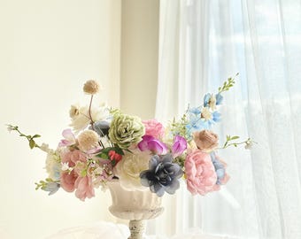 Centerpiece Artificial Flower Arrangement in Pastel Colors Handmade Silk Flower in Vintage Vase present for mothers day roses peony colored