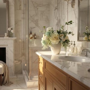 K&ouml;nnte beinhalten: Helles Badezimmer mit einem Holzwaschtisch, einer Marmorarbeitsplatte und einer wei&szlig;en Keramikvase mit Blumen. Die Dusche und die W&auml;nde sind mit Marmorfliesen bedeckt. Ein gro&szlig;er Spiegel und Wandleuchten sind sichtbar.