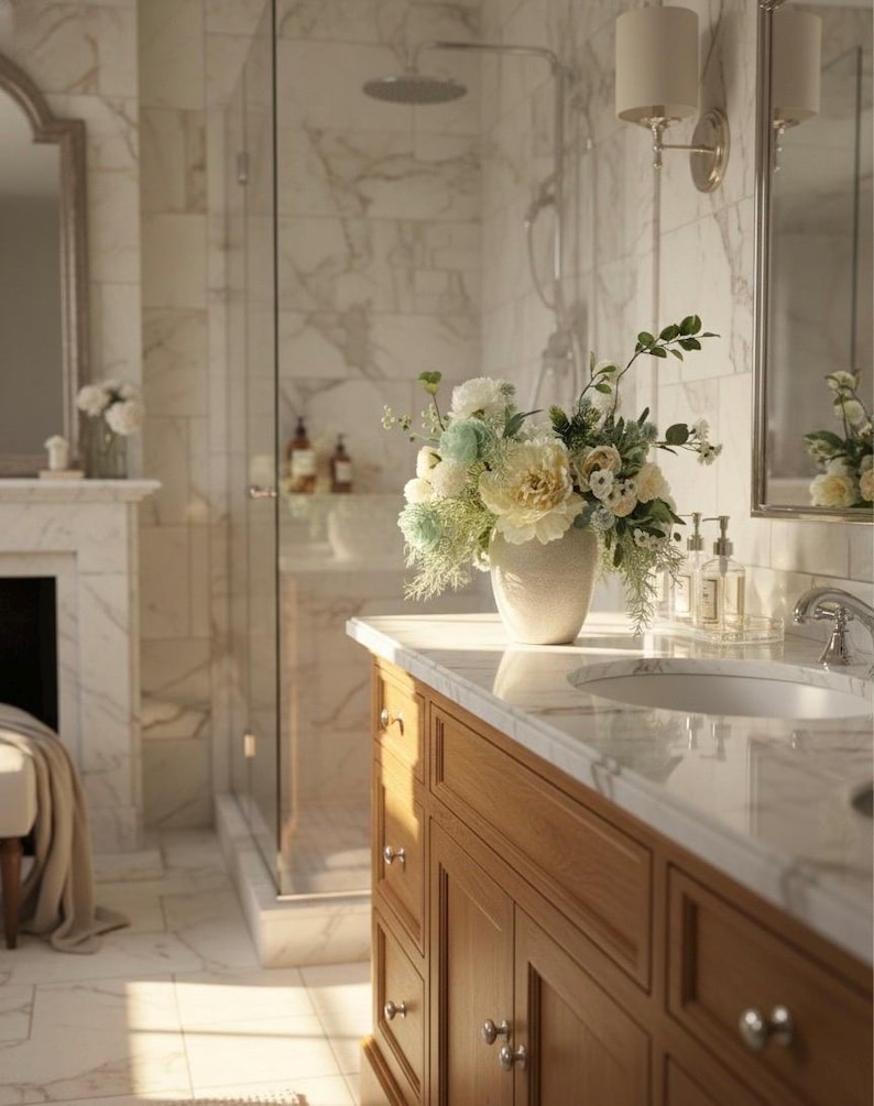 K&ouml;nnte beinhalten: Helles Badezimmer mit einem Holzwaschtisch, einer Marmorarbeitsplatte und einer wei&szlig;en Keramikvase mit Blumen. Die Dusche und die W&auml;nde sind mit Marmorfliesen bedeckt. Ein gro&szlig;er Spiegel und Wandleuchten sind sichtbar.