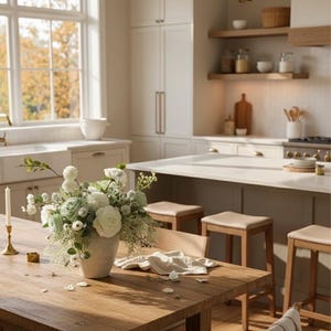 K&ouml;nnte beinhalten: Eine sonnendurchflutete K&uuml;chenszene mit einem Holztisch, der mit einem Blumengesteck in einer Vase geschm&uuml;ckt ist. Auf dem Tisch stehen eine Kerze und eine Serviette. K&uuml;chenschr&auml;nke und Hocker sind im Hintergrund zu sehen und schaffen eine warme Atmosph&auml;re.