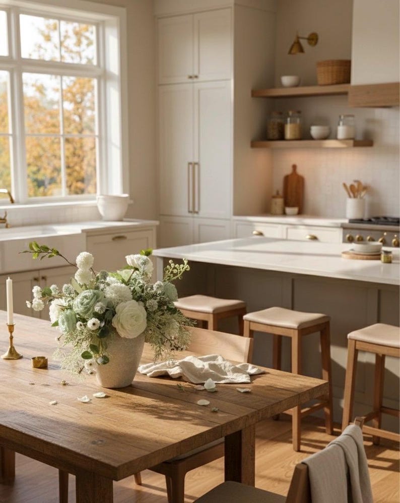 K&ouml;nnte beinhalten: Eine sonnendurchflutete K&uuml;chenszene mit einem Holztisch, der mit einem Blumengesteck in einer Vase geschm&uuml;ckt ist. Auf dem Tisch stehen eine Kerze und eine Serviette. K&uuml;chenschr&auml;nke und Hocker sind im Hintergrund zu sehen und schaffen eine warme Atmosph&auml;re.
