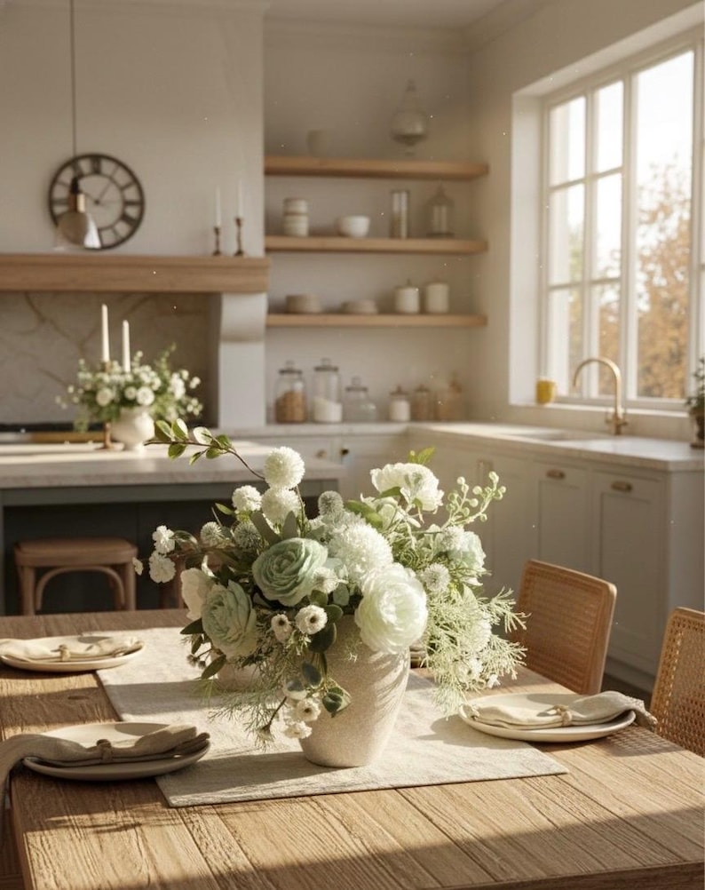 K&ouml;nnte beinhalten: Ein K&uuml;chenessbereich mit einem Holztisch, der f&uuml;r eine Mahlzeit gedeckt ist. Eine Vase mit wei&szlig;en und gr&uuml;nen Blumen steht im Mittelpunkt. Teller, Servietten und St&uuml;hle sind um den Tisch angeordnet. Eine Uhr und Regale sind im Hintergrund zu sehen.