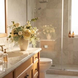 K&ouml;nnte beinhalten: Ein Badezimmer mit einem Holzwaschtisch, einer Marmorarbeitsplatte und einem wei&szlig;en Waschbecken. Auf der Theke steht eine Vase mit wei&szlig;en, gr&uuml;nen und gelben Blumen. Der Raum verf&uuml;gt &uuml;ber eine Glasdusche und eine wei&szlig;e Toilette.
