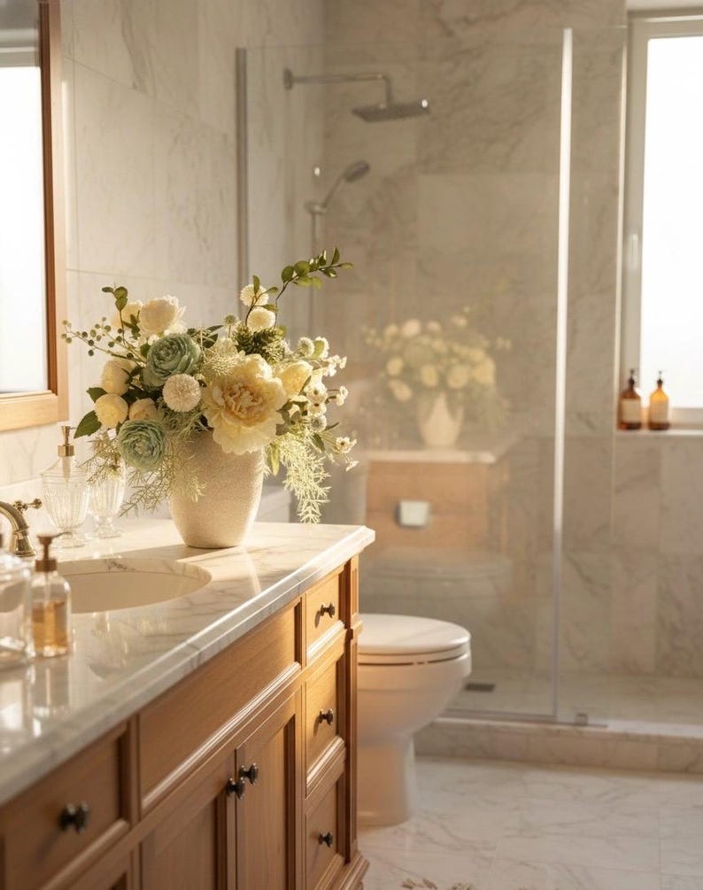 K&ouml;nnte beinhalten: Ein Badezimmer mit einem Holzwaschtisch, einer Marmorarbeitsplatte und einem wei&szlig;en Waschbecken. Auf der Theke steht eine Vase mit wei&szlig;en, gr&uuml;nen und gelben Blumen. Der Raum verf&uuml;gt &uuml;ber eine Glasdusche und eine wei&szlig;e Toilette.