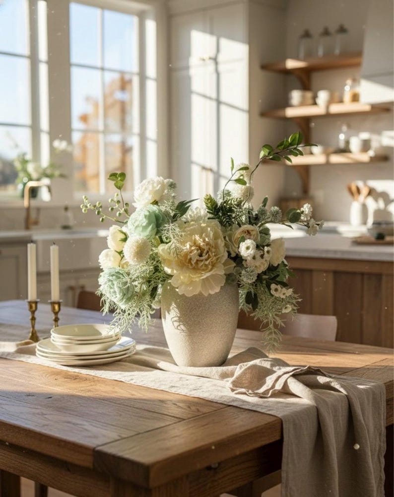 K&ouml;nnte beinhalten: Ein Holztisch ist mit einem Blumengesteck in einer strukturierten Vase gedeckt. Der Strau&szlig; zeigt cremefarbene und hellgr&uuml;ne Blumen. Zwei Kerzenst&auml;nder mit brennenden Kerzen und ein Stapel wei&szlig;er Teller stehen ebenfalls auf dem Tisch.
