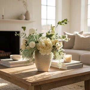 K&ouml;nnte beinhalten: Ein Blumenarrangement in einer beigen Vase steht auf einem Holztisch. Die Anordnung zeigt cremefarbene und hellgr&uuml;ne Blumen mit Gr&uuml;n. B&uuml;cher und eine Kerze befinden sich ebenfalls auf dem Tisch, mit einem Sofa in neutralen T&ouml;nen im Hintergrund.