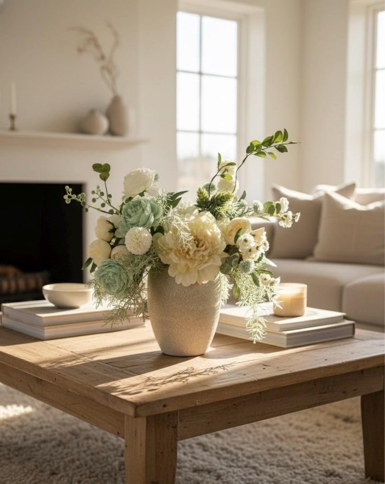 K&ouml;nnte beinhalten: Ein Blumenarrangement in einer beigen Vase steht auf einem Holztisch. Die Anordnung zeigt cremefarbene und hellgr&uuml;ne Blumen mit Gr&uuml;n. B&uuml;cher und eine Kerze befinden sich ebenfalls auf dem Tisch, mit einem Sofa in neutralen T&ouml;nen im Hintergrund.